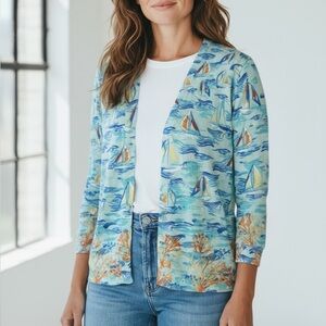 Talbots Sailboat Coral Nautical Coastal 100% Cotton Button Down Cardigan Size L